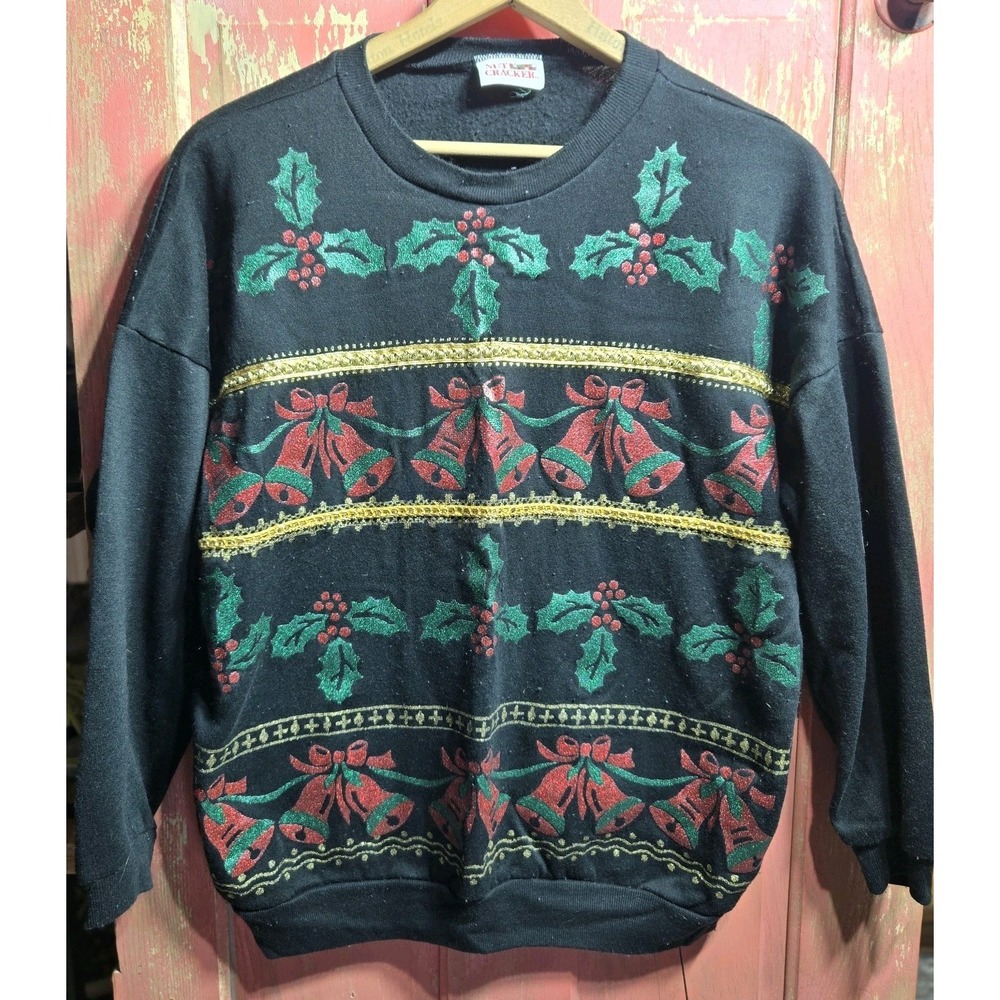 Vintage Ugly Christmas Sweatshirt Sweater Holiday Poinsetta Women M? See Pics